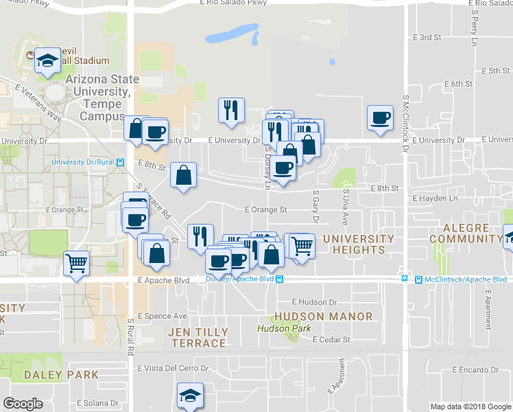 map of restaurants, bars, coffee shops, grocery stores, and more near 912 South Dorsey Lane in Tempe