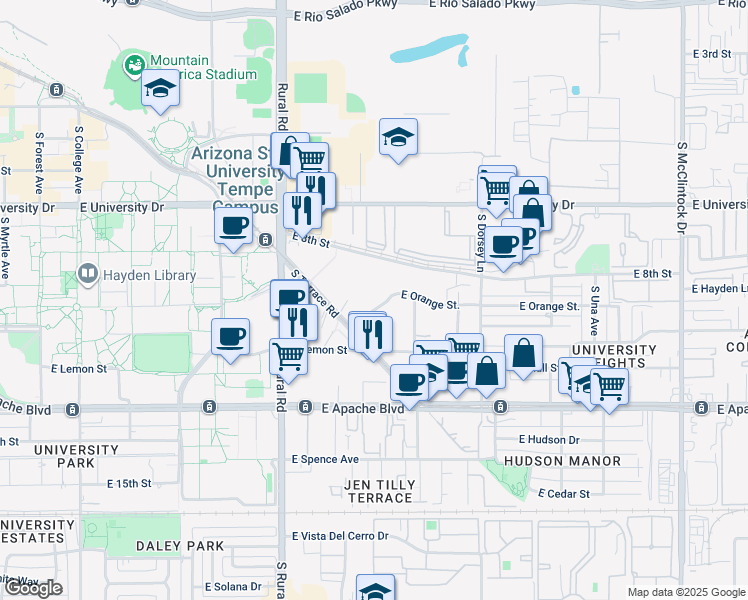 map of restaurants, bars, coffee shops, grocery stores, and more near 1028 East Orange Street in Tempe