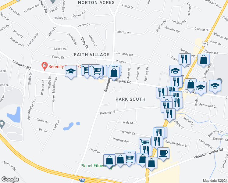 map of restaurants, bars, coffee shops, grocery stores, and more near 2910 Richmond Hill Road in Augusta
