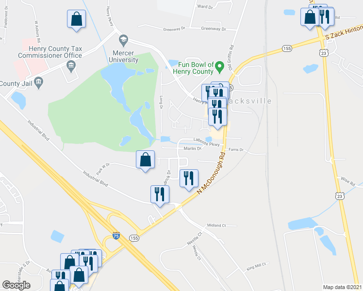 map of restaurants, bars, coffee shops, grocery stores, and more near 2530 Marlin Drive in McDonough