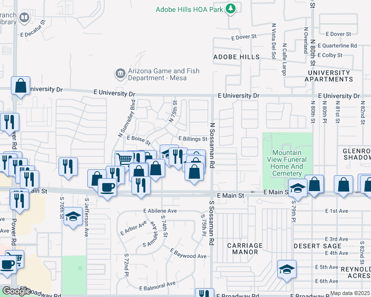 map of restaurants, bars, coffee shops, grocery stores, and more near 205 North 74th Street in Mesa