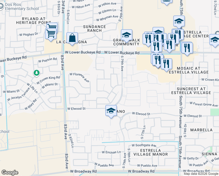 map of restaurants, bars, coffee shops, grocery stores, and more near 3310 South 80th Drive in Phoenix