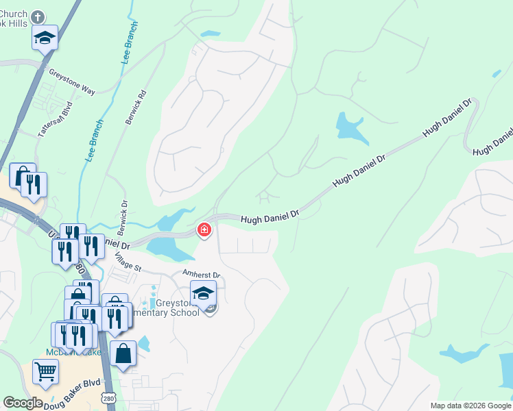 map of restaurants, bars, coffee shops, grocery stores, and more near 5213 Queensferry Lane in Birmingham