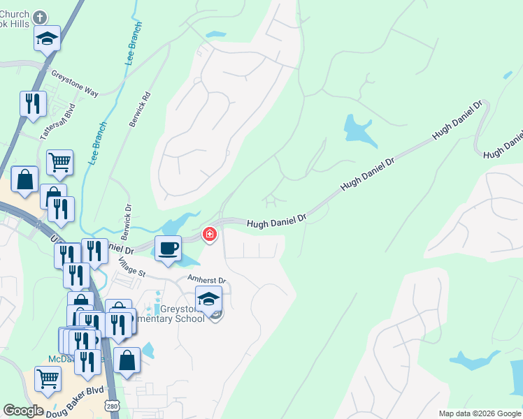 map of restaurants, bars, coffee shops, grocery stores, and more near 5213 Queensferry Lane in Birmingham