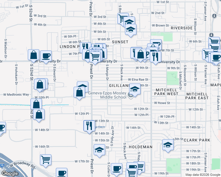 map of restaurants, bars, coffee shops, grocery stores, and more near 1248 West 10th Place in Tempe