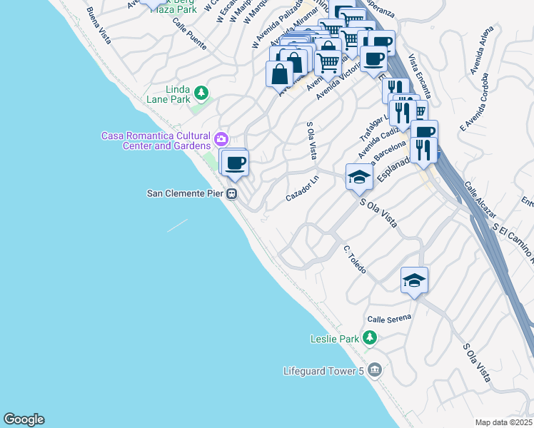 map of restaurants, bars, coffee shops, grocery stores, and more near 404 Pasadena Court in San Clemente