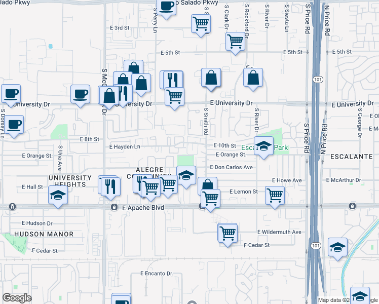 map of restaurants, bars, coffee shops, grocery stores, and more near 920 South Kenwood Circle in Tempe