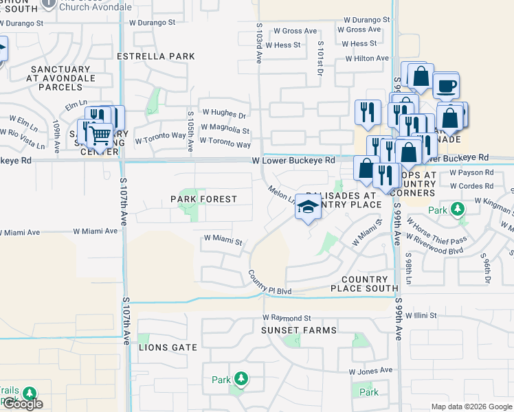 map of restaurants, bars, coffee shops, grocery stores, and more near 3026 South 102nd Lane in Tolleson