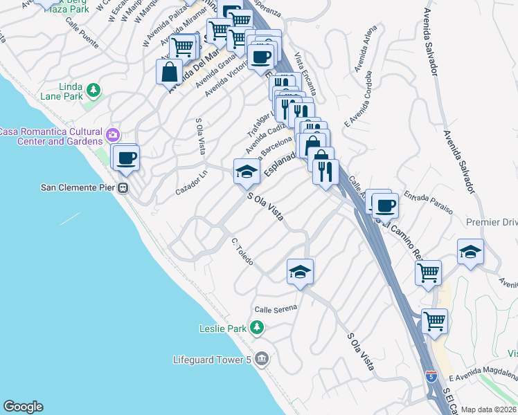 map of restaurants, bars, coffee shops, grocery stores, and more near 207 Esplanade in San Clemente