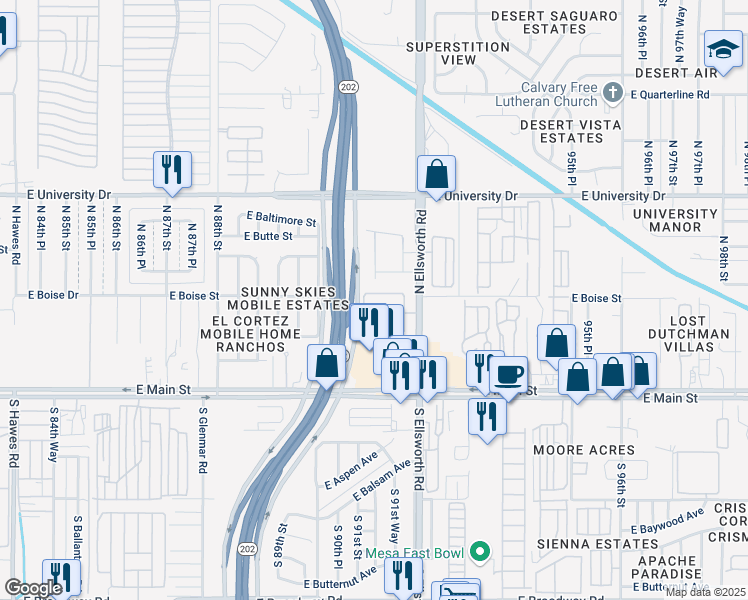 map of restaurants, bars, coffee shops, grocery stores, and more near 9111 East Boise Street in Mesa