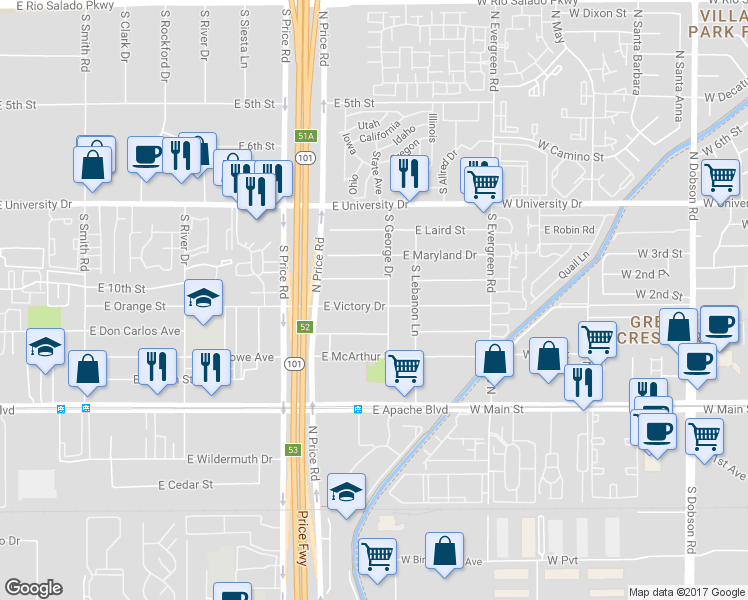 map of restaurants, bars, coffee shops, grocery stores, and more near 2334 East Victory Drive in Tempe