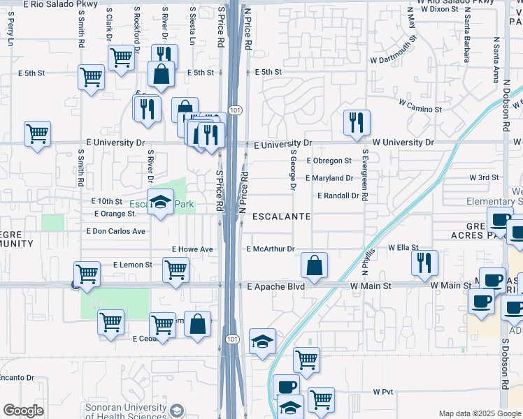 map of restaurants, bars, coffee shops, grocery stores, and more near 2308 East Victory Drive in Tempe
