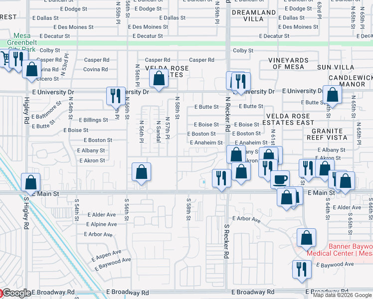 map of restaurants, bars, coffee shops, grocery stores, and more near 5826 East Albany Street in Mesa