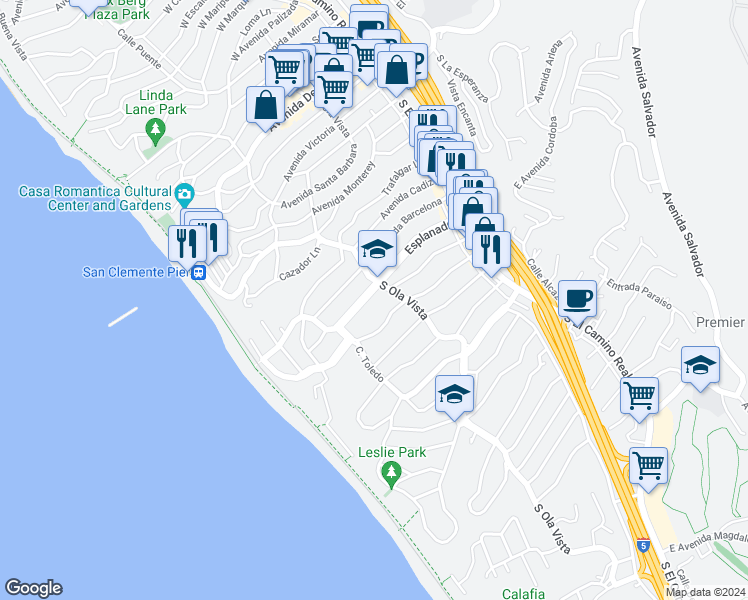 map of restaurants, bars, coffee shops, grocery stores, and more near 207 Esplanade in San Clemente