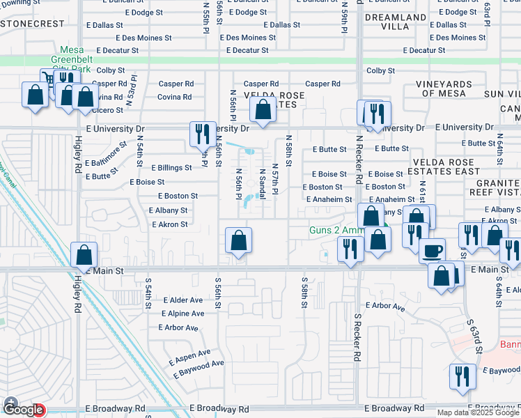 map of restaurants, bars, coffee shops, grocery stores, and more near 144 North Sandal in Mesa