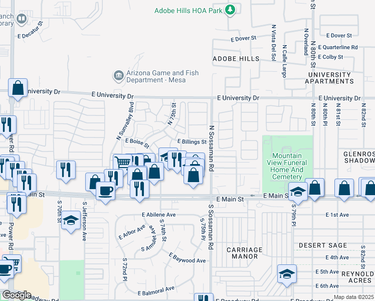 map of restaurants, bars, coffee shops, grocery stores, and more near 7531 East Billings Street in Mesa