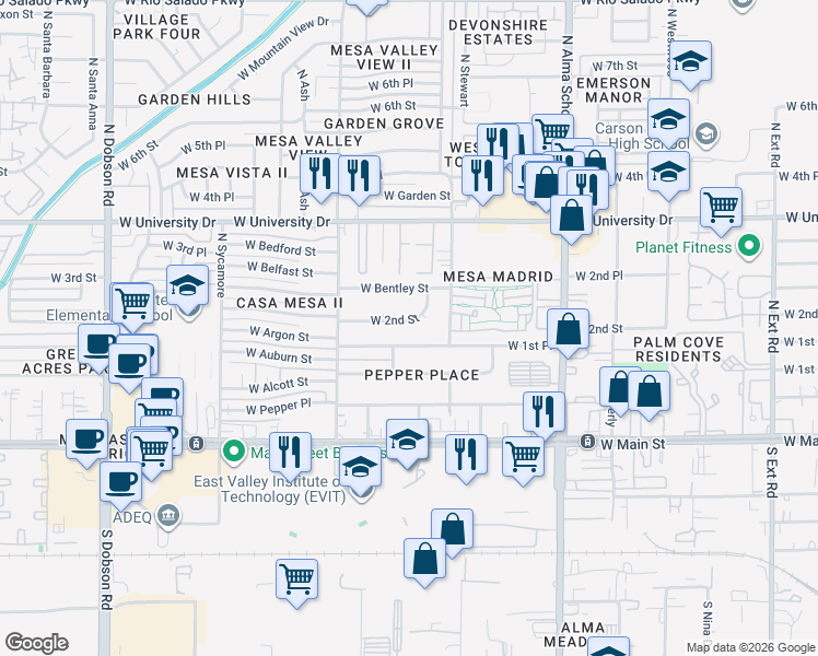 map of restaurants, bars, coffee shops, grocery stores, and more near 1455 W 2nd St in Mesa