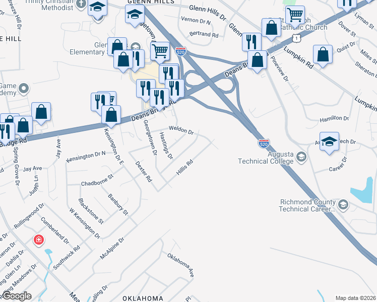 map of restaurants, bars, coffee shops, grocery stores, and more near 3312 Blanchard Road in Augusta