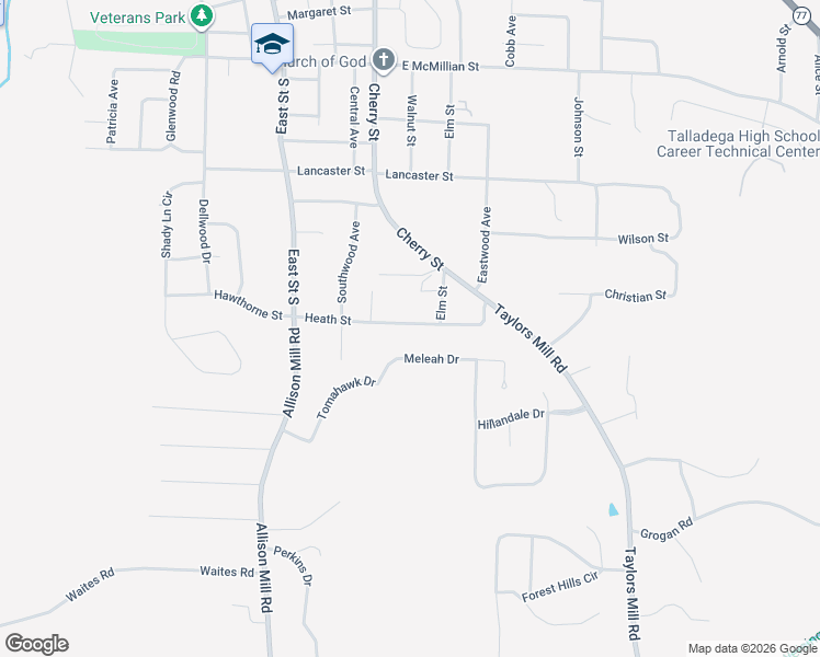 map of restaurants, bars, coffee shops, grocery stores, and more near 311 Heath Street in Talladega