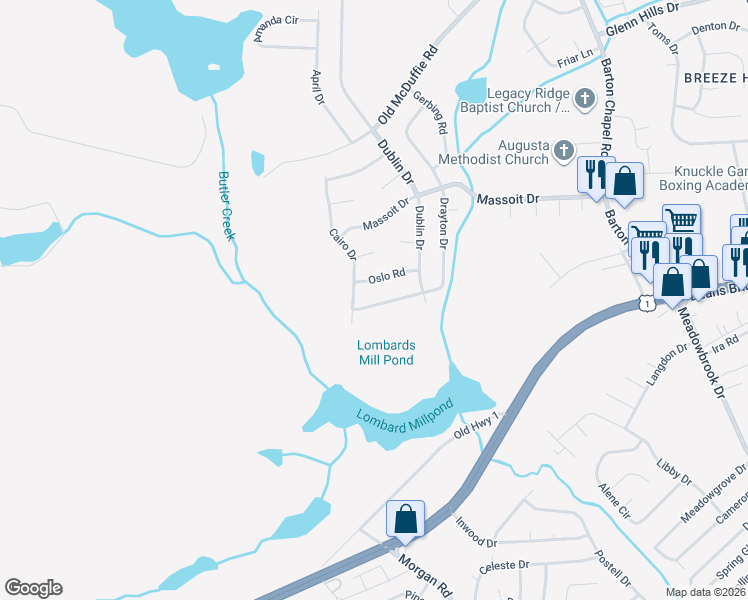 map of restaurants, bars, coffee shops, grocery stores, and more near 3715 Drayton Drive in Augusta