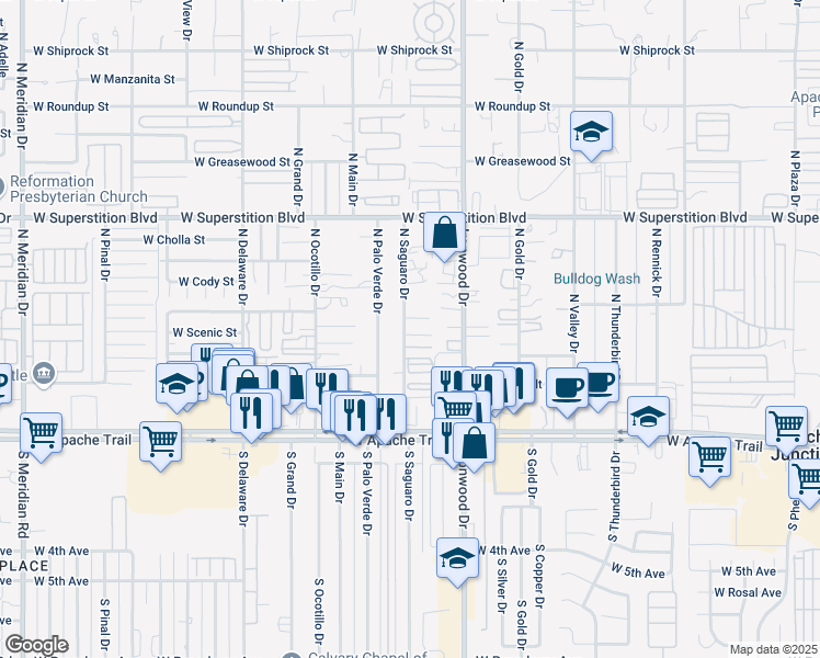 map of restaurants, bars, coffee shops, grocery stores, and more near 411 North Saguaro Drive in Apache Junction