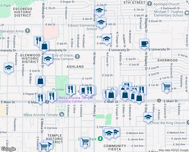 map of restaurants, bars, coffee shops, grocery stores, and more near 780 East 1st Place in Mesa