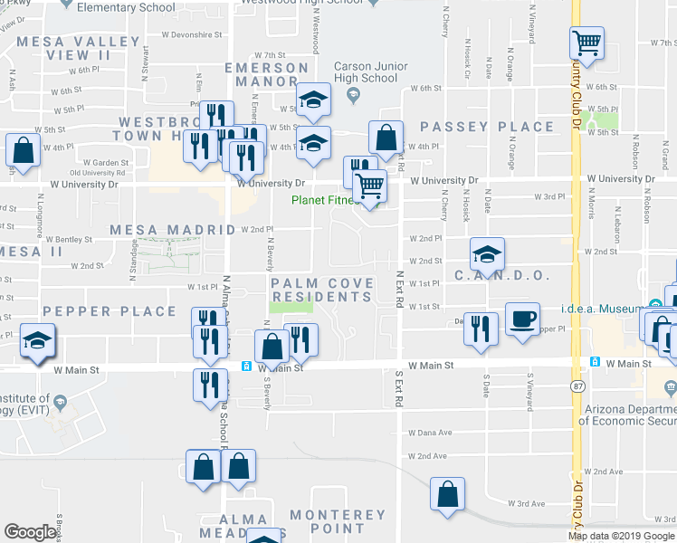 map of restaurants, bars, coffee shops, grocery stores, and more near Eperney Apartments in Mesa
