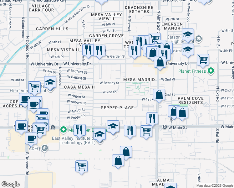 map of restaurants, bars, coffee shops, grocery stores, and more near 1455 West 2nd Street in Mesa
