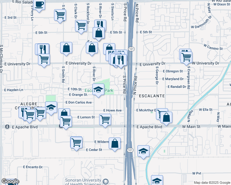 map of restaurants, bars, coffee shops, grocery stores, and more near in Tempe