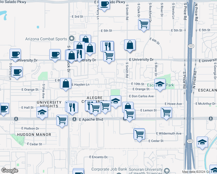 map of restaurants, bars, coffee shops, grocery stores, and more near 1925 East Hayden Lane in Tempe