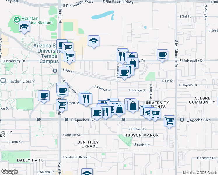 map of restaurants, bars, coffee shops, grocery stores, and more near 1150 East Orange Street in Tempe