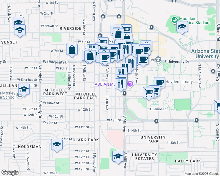 map of restaurants, bars, coffee shops, grocery stores, and more near in Tempe