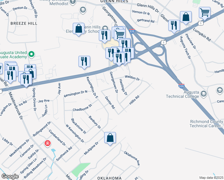 map of restaurants, bars, coffee shops, grocery stores, and more near 2517 Georgetown Drive in Augusta