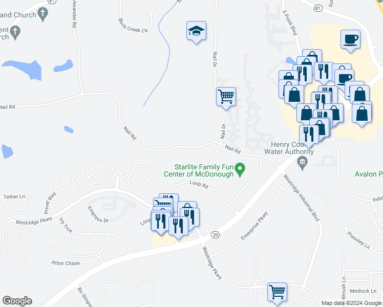 map of restaurants, bars, coffee shops, grocery stores, and more near 601 Nail Road in McDonough