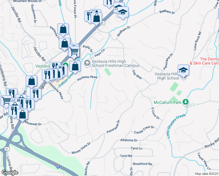 map of restaurants, bars, coffee shops, grocery stores, and more near 1613 Chateau Crest Lane in Vestavia Hills