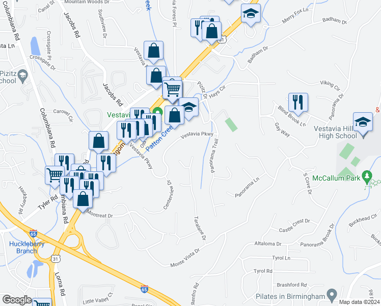 map of restaurants, bars, coffee shops, grocery stores, and more near 2013 Wedgewood Road in Vestavia Hills