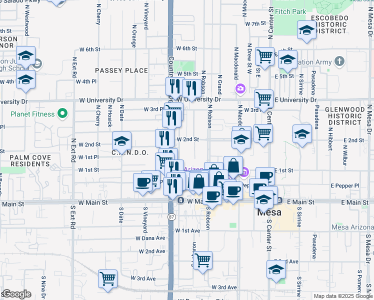 map of restaurants, bars, coffee shops, grocery stores, and more near 101-199 N Morris in Mesa