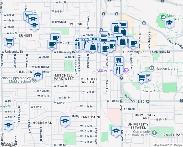 map of restaurants, bars, coffee shops, grocery stores, and more near 1021 South Wilson Street in Tempe