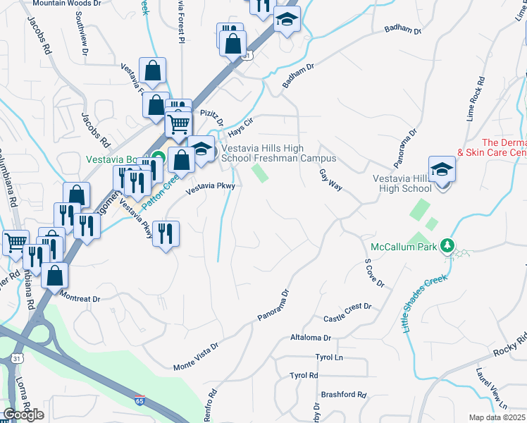 map of restaurants, bars, coffee shops, grocery stores, and more near 1613 Chateau Crest Lane in Vestavia Hills