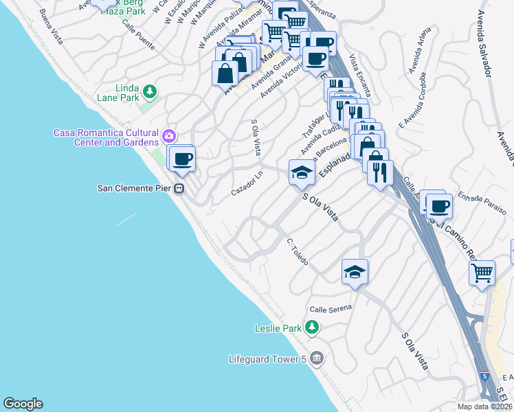 map of restaurants, bars, coffee shops, grocery stores, and more near 231 Trafalgar Lane in San Clemente