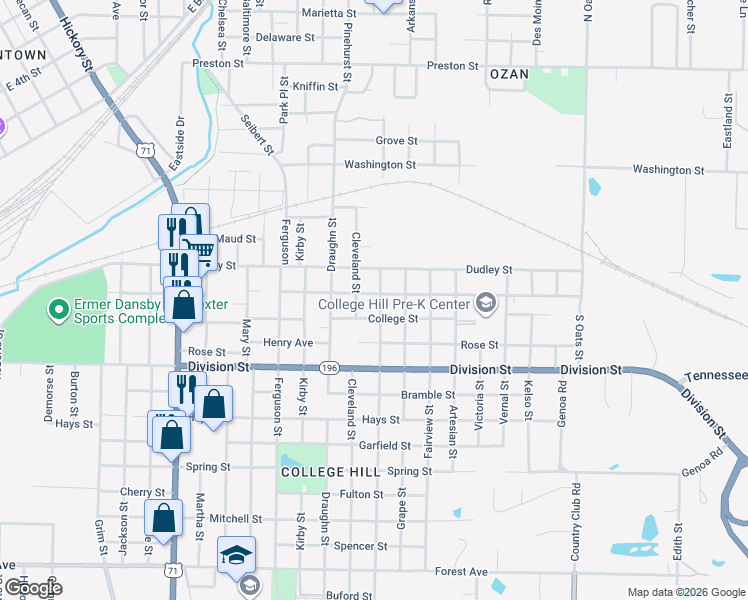 map of restaurants, bars, coffee shops, grocery stores, and more near 201 Orleans Street in Texarkana