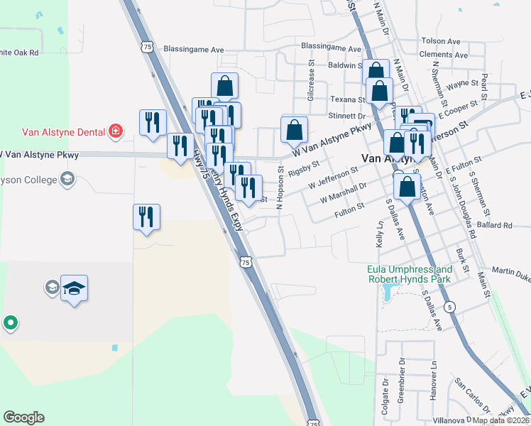 map of restaurants, bars, coffee shops, grocery stores, and more near 640 644 W Marshall Drive in Van Alstyne