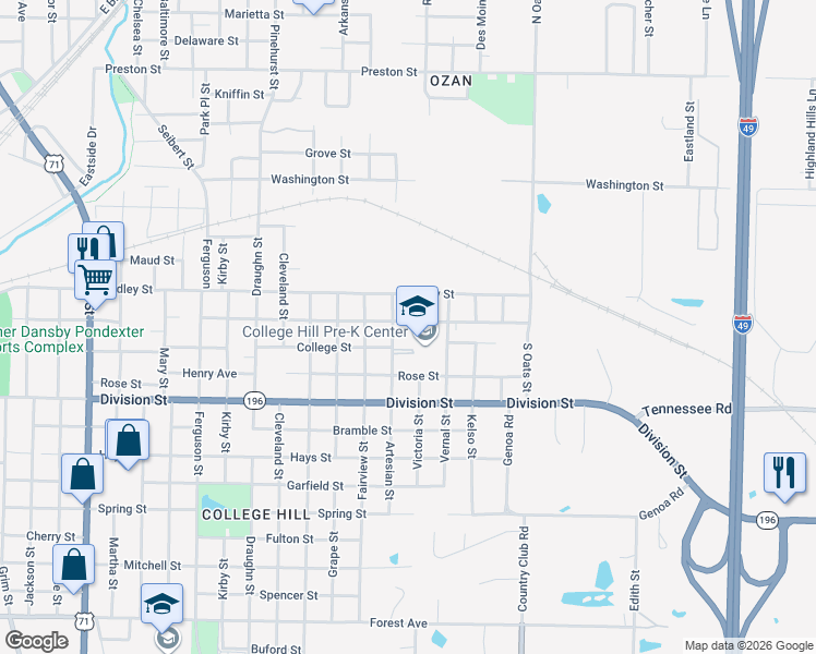 map of restaurants, bars, coffee shops, grocery stores, and more near 200 Artesian Street in Texarkana