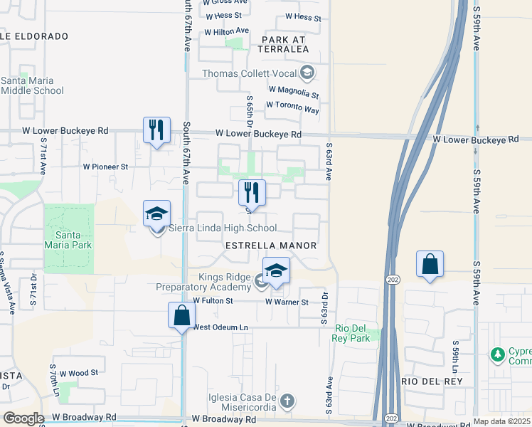 map of restaurants, bars, coffee shops, grocery stores, and more near West Miami Street in Phoenix