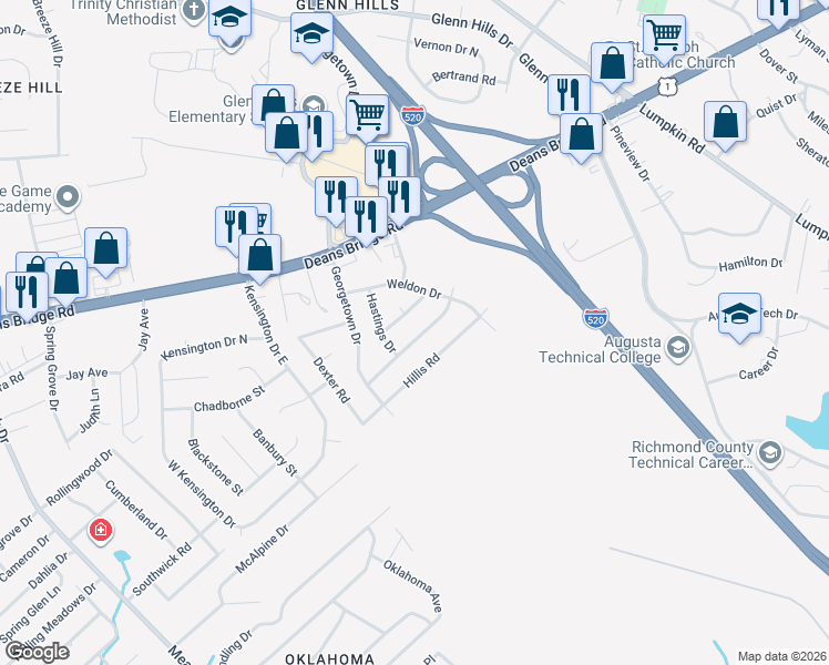 map of restaurants, bars, coffee shops, grocery stores, and more near 3312 Blanchard Road in Augusta