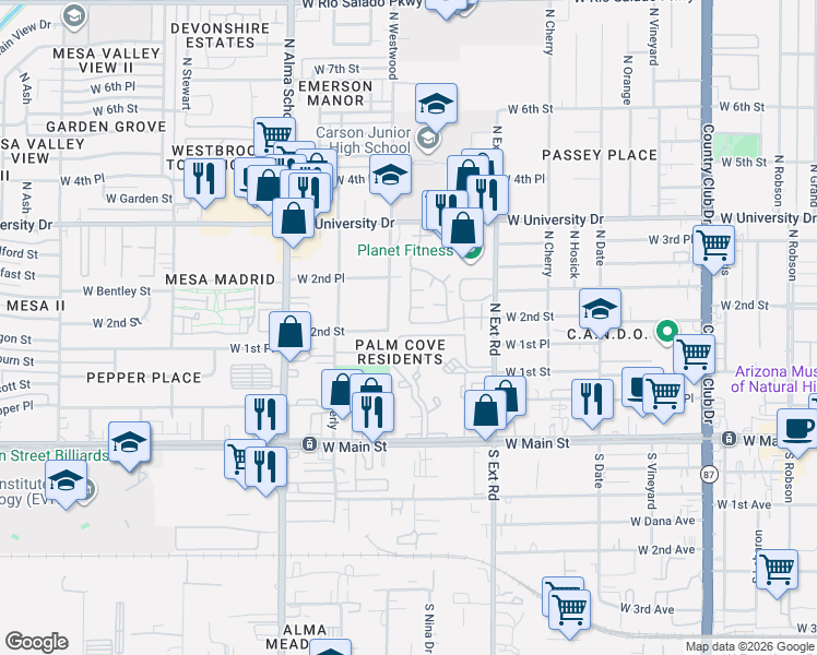 map of restaurants, bars, coffee shops, grocery stores, and more near 207 North Westwood in Mesa