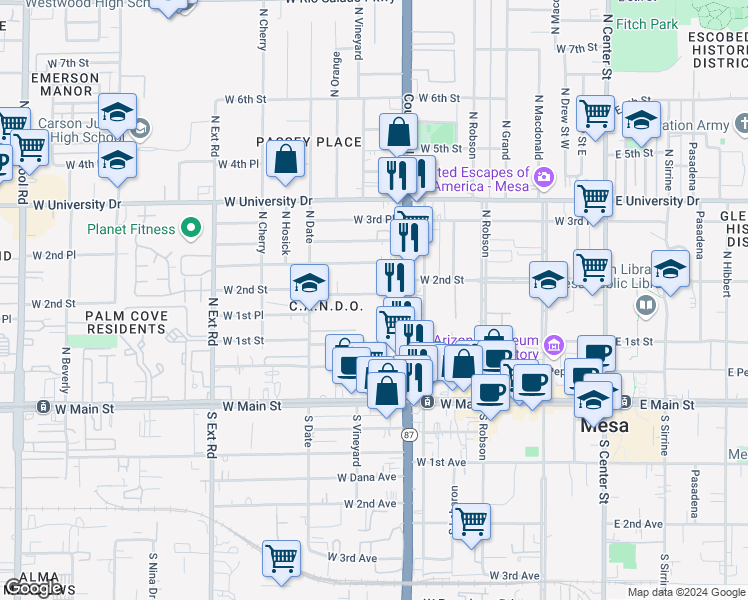 map of restaurants, bars, coffee shops, grocery stores, and more near 437 West Clark Street in Mesa