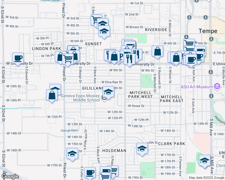 map of restaurants, bars, coffee shops, grocery stores, and more near 1043 West 10th Street in Tempe