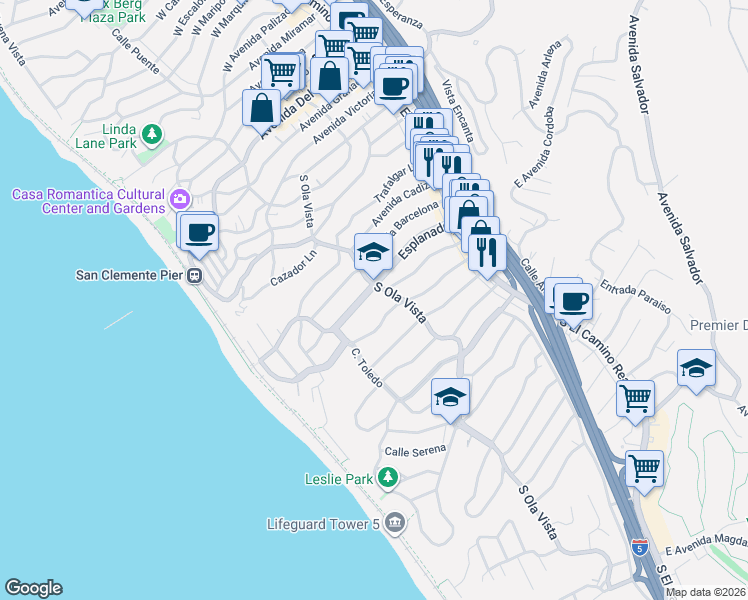 map of restaurants, bars, coffee shops, grocery stores, and more near 205 Esplanade in San Clemente