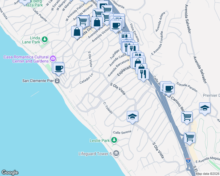 map of restaurants, bars, coffee shops, grocery stores, and more near 205 Esplanade in San Clemente